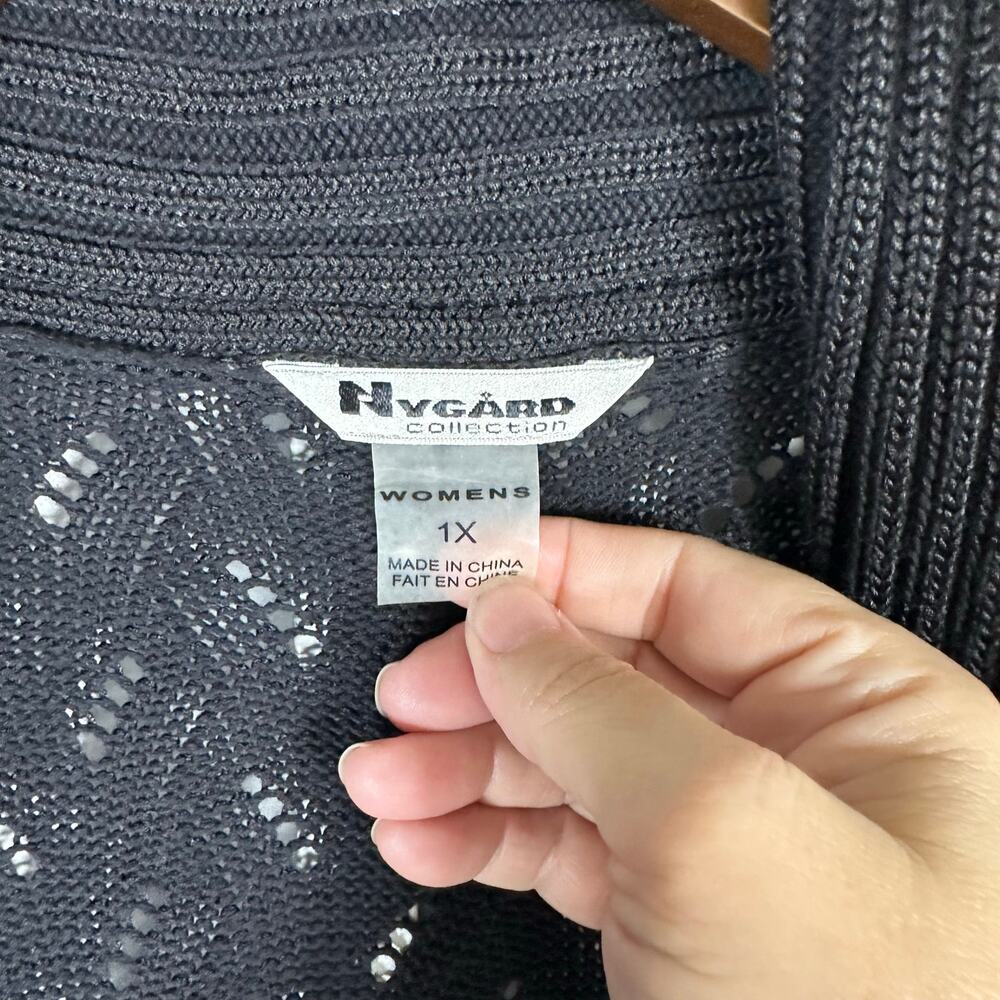 Nygard Collection Black Shawl Collar Knit Pattern Open Front Cardigan 1X Elegant - Picture 2 of 8